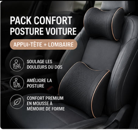 Pack Confort Posture Voiture – Coussin Lombaire & Appui-Tête en Mousse à Mémoire de Forme | Soulage les Douleurs du Dos en Conduite