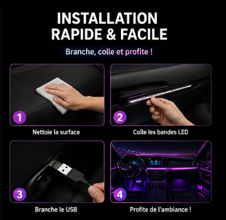 Kit LED Ambiance Voiture RGB – 64 Couleurs (Effet Luxe)