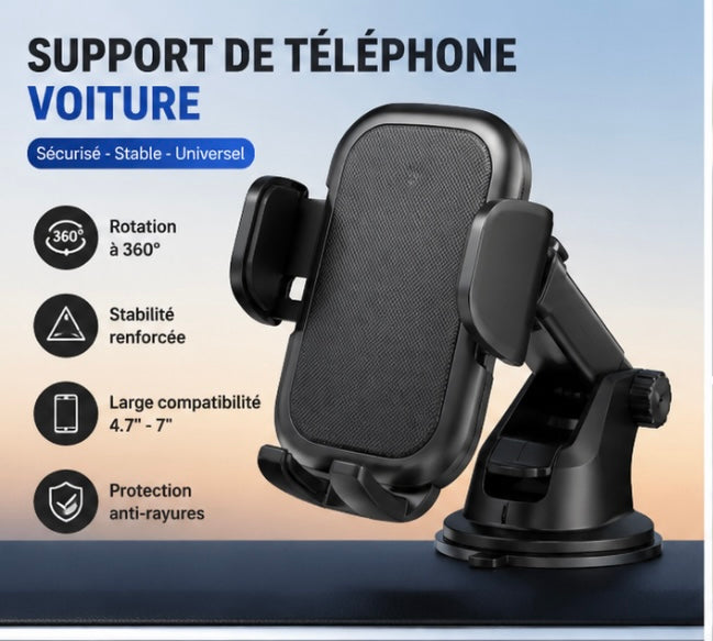 Support Téléphone Voiture 360° – Fixation Ventouse Ultra Stable (Tableau de Bord & Pare-Brise).