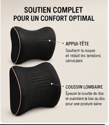 Pack Confort Posture Voiture – Coussin Lombaire & Appui-Tête en Mousse à Mémoire de Forme | Soulage les Douleurs du Dos en Conduite