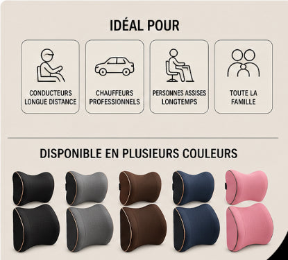 Pack Confort Posture Voiture – Coussin Lombaire & Appui-Tête en Mousse à Mémoire de Forme | Soulage les Douleurs du Dos en Conduite