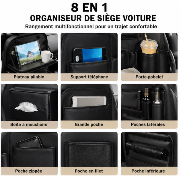 Organisateur de siège voiture 8 en 1 avec plateau pliable – rangement multifonction universel