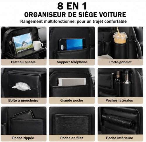 Organisateur de siège voiture 8 en 1 avec plateau pliable – rangement multifonction universel