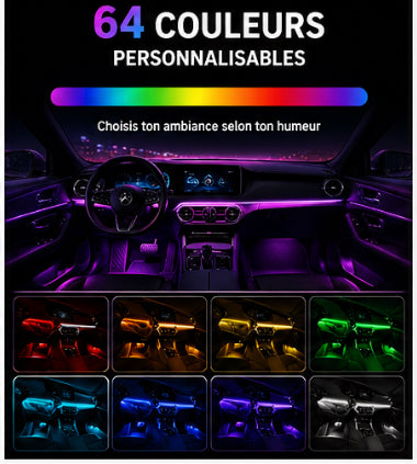 Kit LED Ambiance Voiture RGB – 64 Couleurs (Effet Luxe)